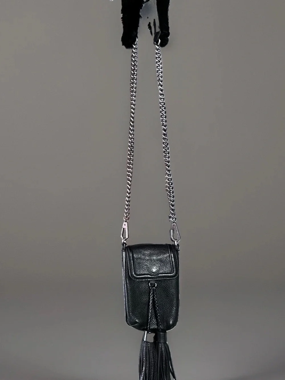 Rebecca Minkoff Isobel Pebbled Leather Phone Cross-Body Guitar Chain Strap w/Fur